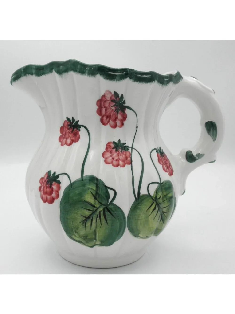 Italian Pottery Creamer Hand Painted Raspberries  Ribbed Ceramic Well Made